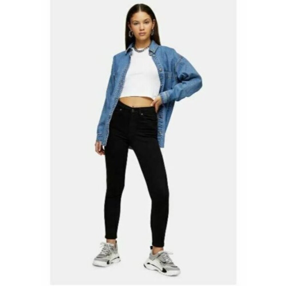 TOPSHOP Jamie Black Skinny Jeans High Rise Stretch Denim Hems SZ 28 NEW